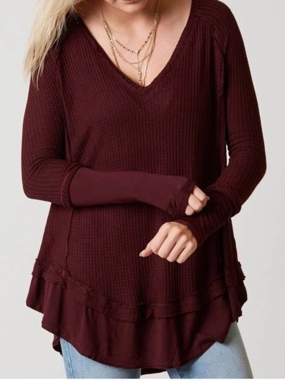 Free People We The Free People Top Laguna Waffle Thermal Knit Burgundy